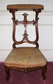 LATE 1800's "PRIE DIEU" - ANTIQUE FRENCH CARVED PRAYER CHAIR with NEEDLEPOINT UPHOLSTERY 