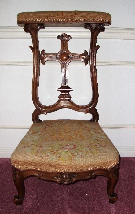 LATE 1800's "PRIE DIEU" - ANTIQUE FRENCH CARVED PRAYER CHAIR with NEEDLEPOINT UPHOLSTERY