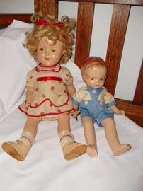 ANTIQUE DOLLS - (LEFT) SHIRLEY TEMPLE "COMPOSITION" IDEAL NOV & TOY CO. (RIGHT) EFFANBEE PATSY JR WITH WRIST CHARM "COMPOSITION"