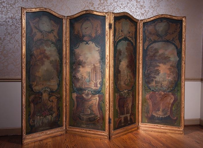 19th century French hand painted, gilt frame screen