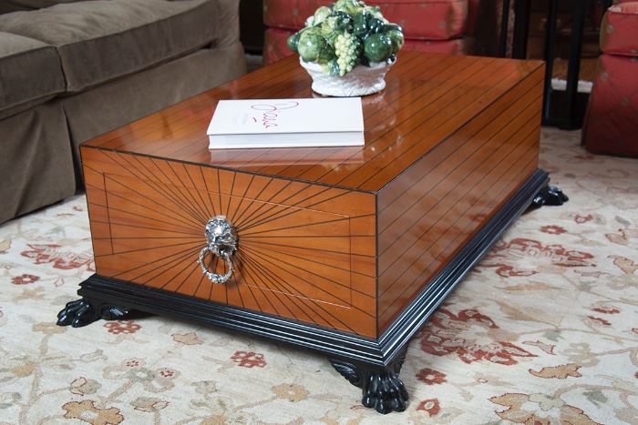 Fine Italian made yew and ebony wood coffee table, ample storage in two drawers, quite possibly the only example in the states.