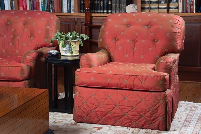 Pair upholstered chairs in silk