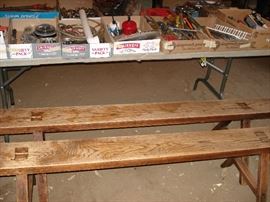 Pegged wood benches, hand tools