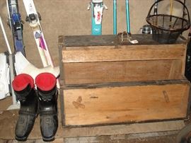 antique wood tool box, ski's