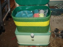 picnic basket, metal cooler