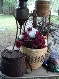 wicker, fishing creel, metal vase