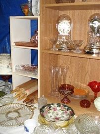 Clocks, rolling pins (several Foley), Fenton, Waterford