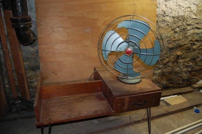 1940's metal bladed fan, mid century table