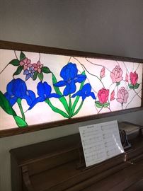 LARGE STAINED GLASS IRIS AND ROSE WALL ART (LIGHTS UP)