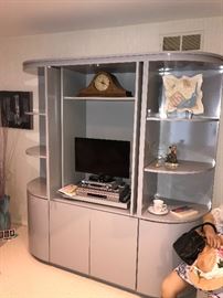 GRAY FORMICA MODERN ENTERTAINMENT CENTER WITH SHELVES