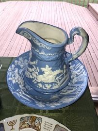 WHITE AND BLUE PITCHER AND BOWL