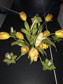 VINTAGE SHABBY COTTAGE TOLEWARE METAL CHANDELIER FLOWERS