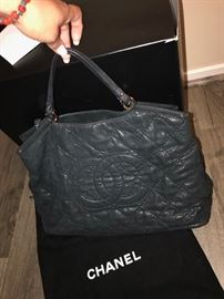 AUTHENTIC CHANEL BLACK SHIMMER LAMB SKIN LEATHER LARGE TOTE-COMES WITH BOX / CARD/RECEIPT (MINT CONDITION)