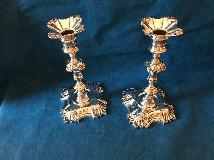 Pair Signed Early English Electroplate Candlesticks, possibly Roberts & Belk 