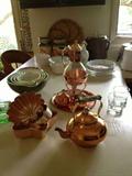 copper tea set, copper carafe with candle warmer, jello molds