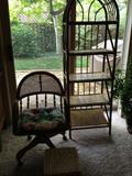 oak desk chair, wicker shelf unit