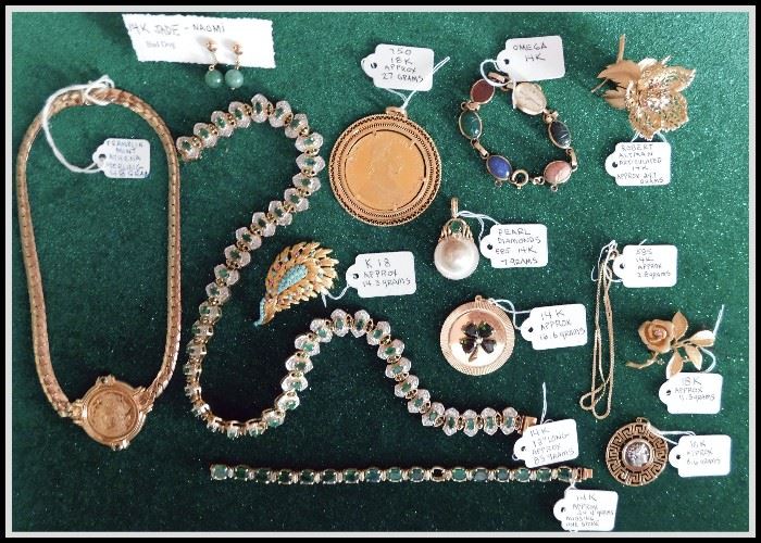Fine Jewelry including 14k, 18k, Danbury Mint, Robert Altman, Omega, Pearl, Diamonds, Jade and more.