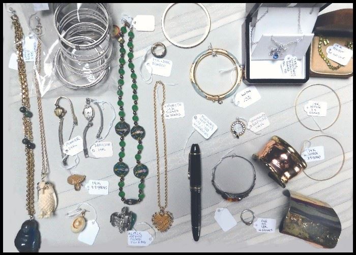 Fine Jewelry including 14k, 18k, Peridot, Diamonds, Sapphires, Jade, Sterling, Allen Jacobson one-of-a-kind cuff bracelets, Watches, Carved Bone, Amber and more. Also in the case is a rare Montblanc Fountain Pen.