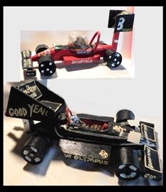 Primitive Handmade Vintage Wooden Race Cars. Toys are hand painted with Good Year, Olympus and Beatrice. 