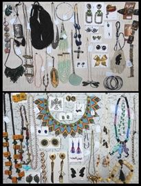 Vintage and Modern Jewelry including: Carved Mahjong Tiles, Jade, Beaded Collar from Panama, Trifari, Cloisonne, Cadoro, Carolyn Ruff, Lapis, Ciner, Rose Quartz, Cluster Earrings and more.