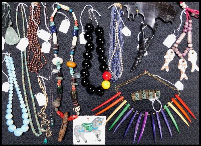 Vintage and Modern Jewelry including: Ebony Carved Comb from African, Opalite Milky Blue Luminescent Necklace, Carousel Pin, Jade, Beads, Ceramic and more.