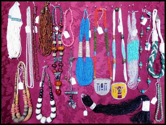 Vintage and Modern Jewelry including: Glass/Wooden, Beaded Pouches, Necklaces, Bracelets and more.
