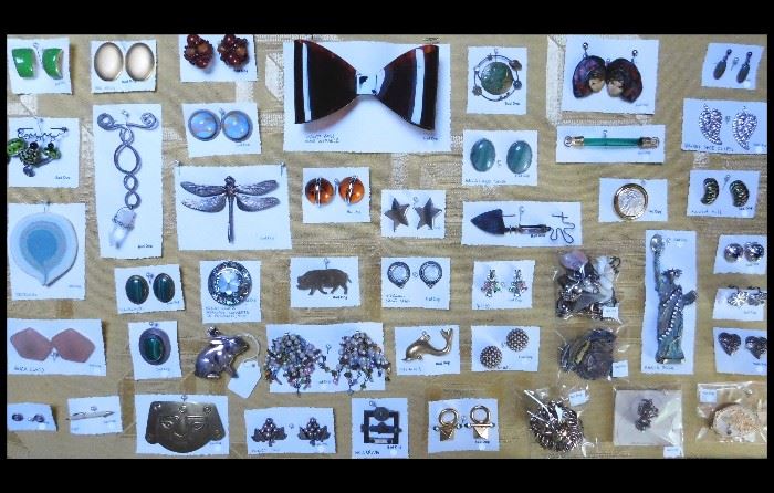 Jewelry: Ben Amun, David Hill, Trifari, Malachite, Statue of Liberty, Pins, Bunny, Porcelain, Abalone, Dragonfly, Crystals, Weiss, Marla Buck, Ciner, Mullanium, Large Lucite Hair Bow and more.