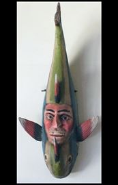 Large 42 inch Wooden Carved Fish Human Mask from Mexico.