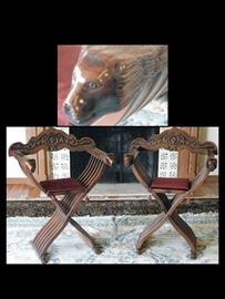 Italian Renaissance Style Savonarola Chairs with Lion Heads on Armrests. Beautiful Reproductions.
