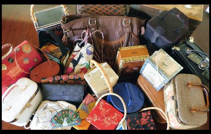 Sampling of the Many Purses including: Cigar Box, JR, Florida, Beaded, Leather, Lucite, Silk and more.