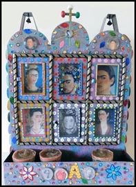 Candle Shrine to Frida Kahlo. Handcrafted with Tin, Glass, Paint and Embellishments. 