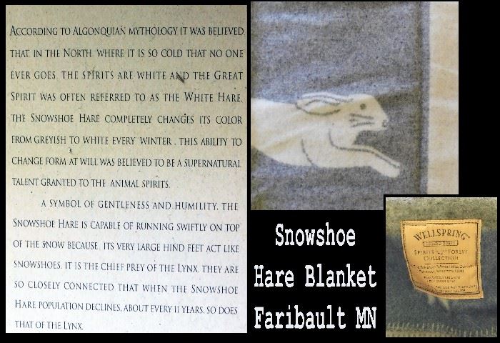 Snowshoe Hare Design Blanket by Faribault Woolen Mill.  Approximately five feet by seven feet.