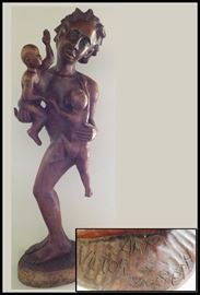 Wooden Carved Sculpture of Woman with Two Babies by Victor Joseph from Haiti.  Approximately 44 inches tall.