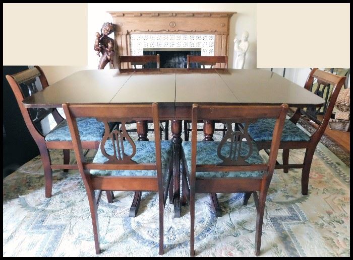 Vintage Dining Room Table with Six Chairs - Lyre Style Chairs.