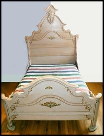 Antique Painted Bed 5 feet wide, 7 feet Long and 6 feet 3 inches Tall headboard.  Has four other matching pieces.
