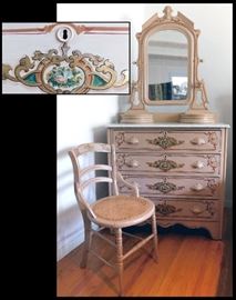 Antique Painted Antique Dresser with Mirror. 39 inches Wide, 17 inches Deep, 83 inchesTall plus Chair (part of a five piece set.)