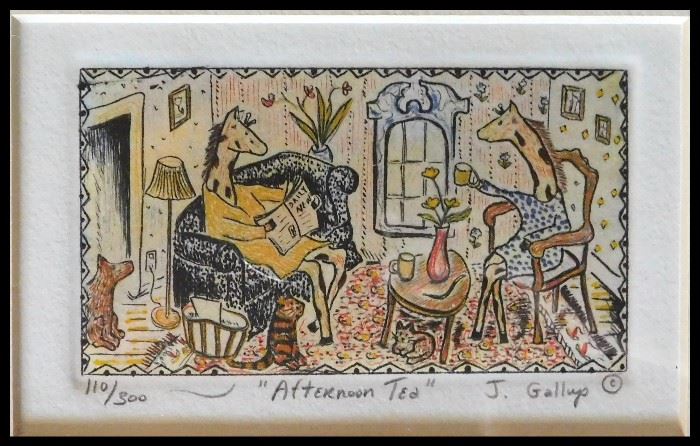 Charming Small Framed Print.  Print number 110 out of 300 by Joan Gallup entitled "Afternoon Tea" featuring giraffes.