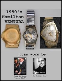 Original 1950's Ventura 505 Watch by Hamilton Co. from Lancaster, Pennsylvania. 14k Gold. Case is marked S994210  engraved with the case maker's initials "S & W" (Schwab and Wuischpard.) Yes, this is the same kind of watch that Tommy Lee Jones wore in "Men in Black" and Rod Serling from "The Twilight Zone" wore!