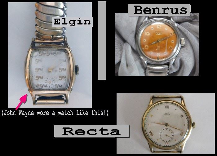 Sample of some of the Watches in the Sale. Pictured are vintage watches including an Elgin, Recta and Benrus.