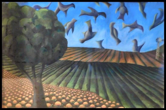Large Original Painting Birds Fields with Tree 45 inches by 67 inches.
