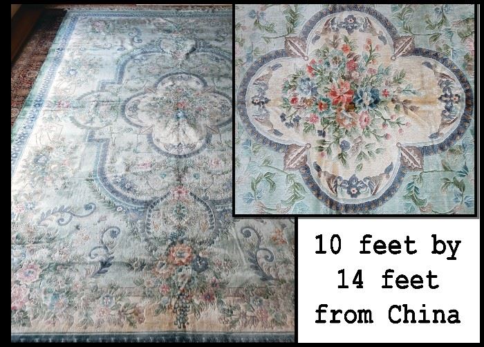 Area carpet ten feet by 14 feet. Made in China. It's not marked, but we believe it is wool. 