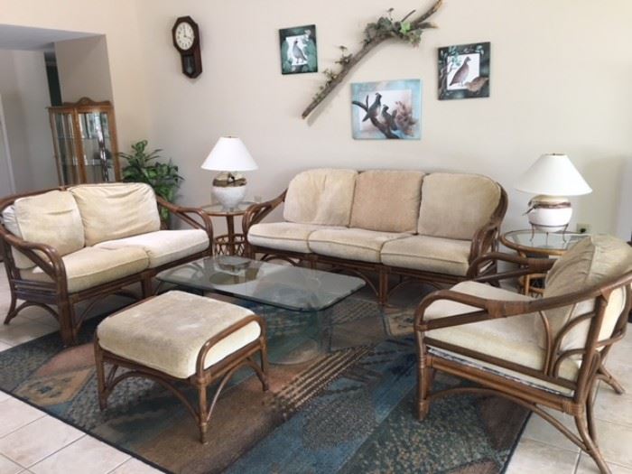 Brown Rattan/Upholstered Sofa, Love Seat, Armchair w/ Ottoman