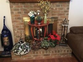 Lots of home decor, small table, fireplace set, and great Tiffany style lamp