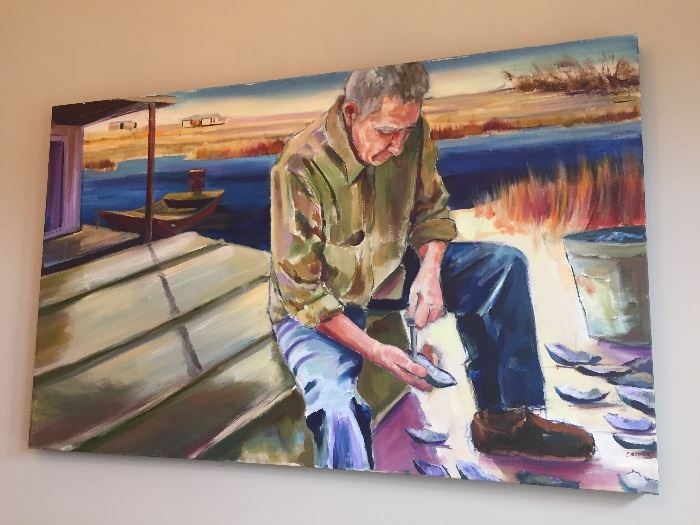 very large original  painting of "Shucking Oysters on the Bayou" by well known Louisiana artist C. Breaux