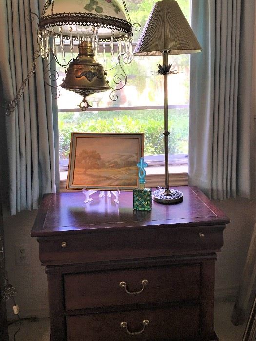 Nightstand (2-available, part of Suite),                                       Vintage Hanging Light...brass, glass & crystal prisms,             Buffet Lamp