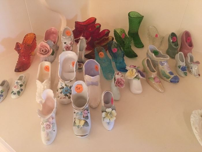 Collection of porcelain & glass shoes            From $8 - $25