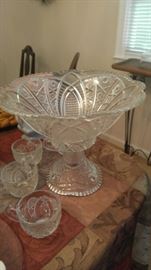 Antique pressed glass punch bowl & cups