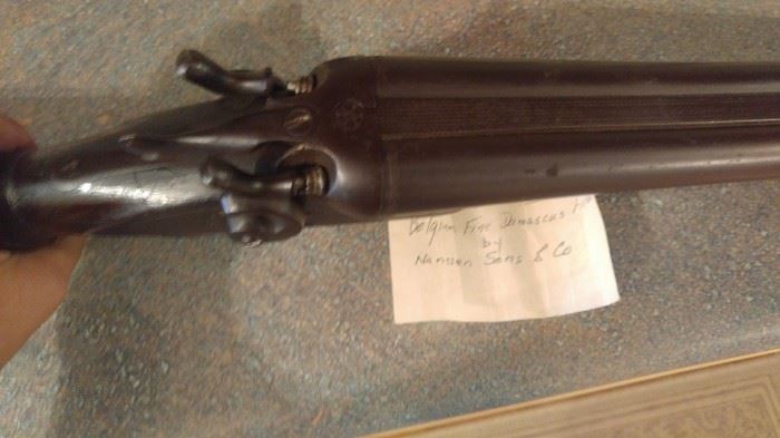 12 gauge Antique double barrel shot gun
Belgium fine Damascus finish by
Nanssen Sons & Company