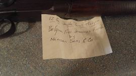 12 gauge Antique double barrel shot gun
Belgium fine Damascus finish by
Nanssen Sons & Company
