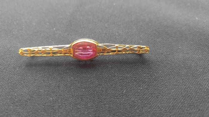 10k Art Deco pink sapphire bar pin brooch